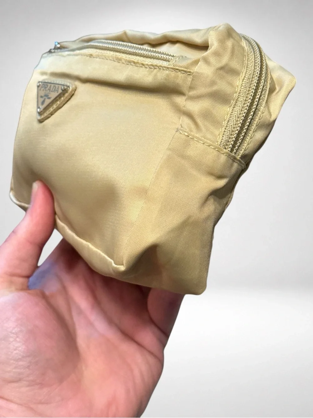 PRADA Authentic Nylon Cosmetic Pouch Beige Zip Makeup Travel Toiletry Bag